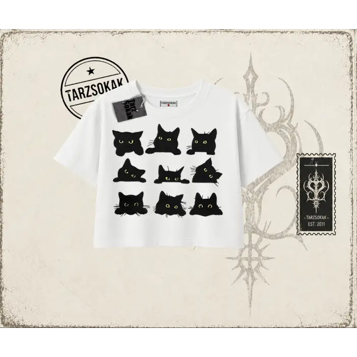 Kadın Black Cats Kadın Crop Tişört Beyaz