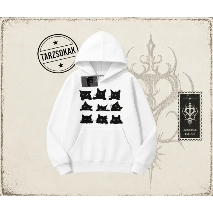 Kadın Black Cats Oversize Unisex Kapşonlu Sweatshirt Beyaz