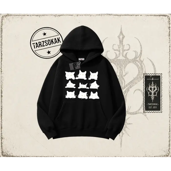 Kadın Black Cats Oversize Unisex Kapşonlu Sweatshirt Beyaz