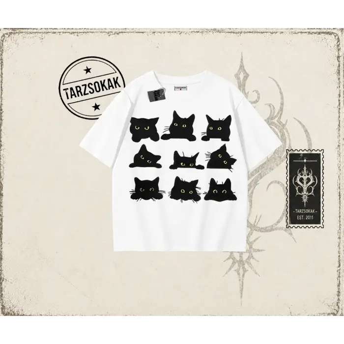 Kadın Black Cats Oversize Unisex Tişört Beyaz