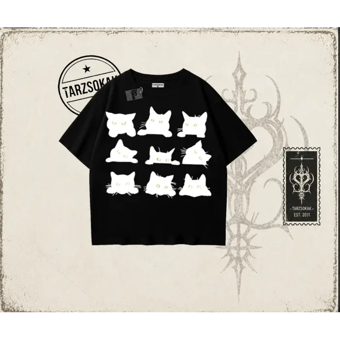 Kadın Black Cats Oversize Unisex Tişört Beyaz