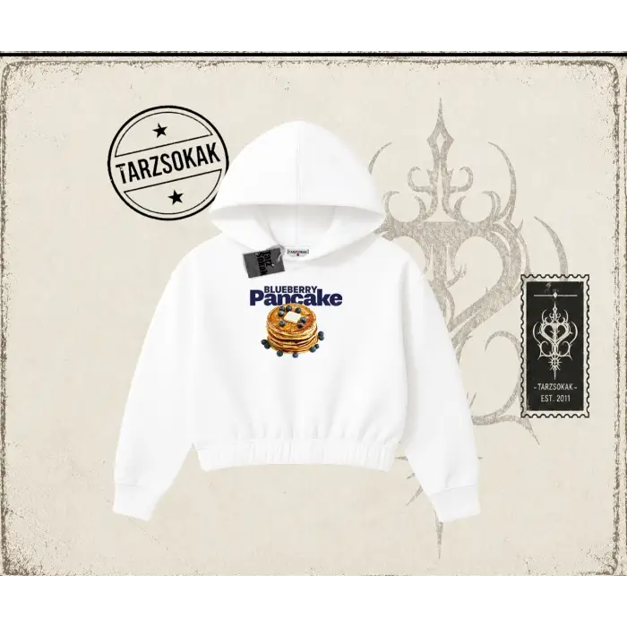 Kadın Blueberry Pancake Kadın Crop Kapşonlu Sweatshirt Beyaz