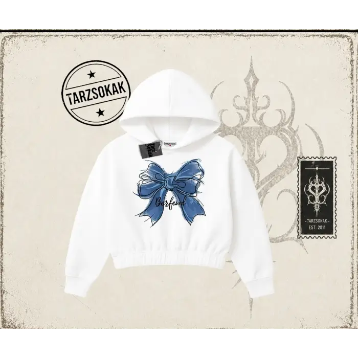 Kadın Borfend Kadın Crop Kapşonlu Sweatshirt Beyaz