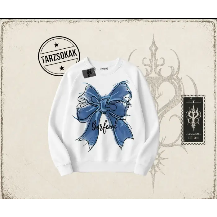 Kadın Borfend Oversize Unisex Bisiklet Yaka Sweatshirt Beyaz