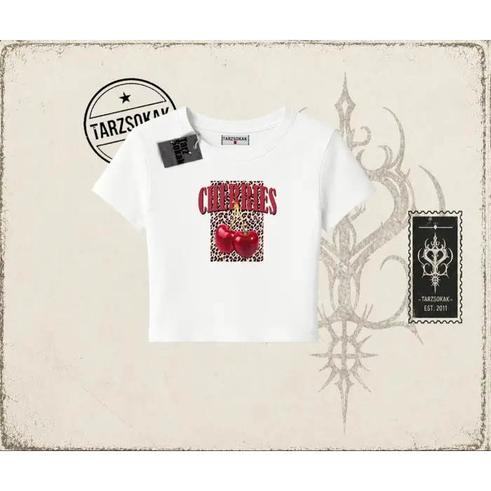 Kadın Cherries Leopar Kadın Baby Tee Beyaz