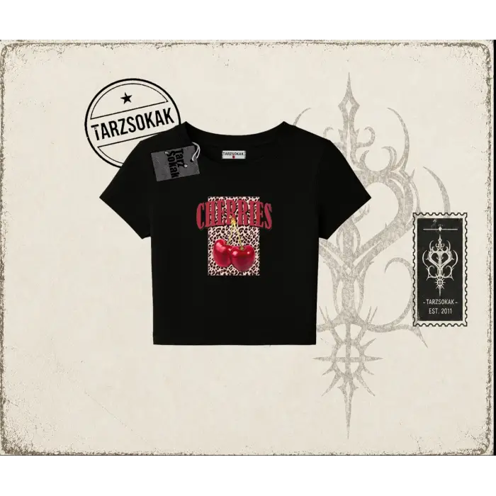 Kadın Cherries Leopar Kadın Baby Tee Beyaz