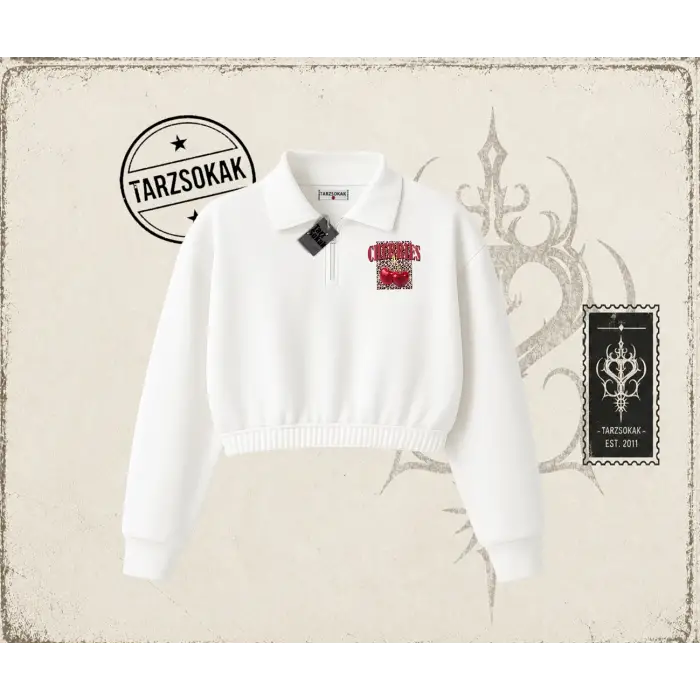 Kadın Cherries Leopar Kadın Crop Polo Yaka Yarım Fermuarlı Sweatshirt Beyaz