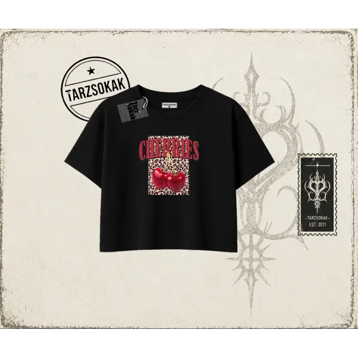 Kadın Cherries Leopar Kadın Crop Tişört Beyaz