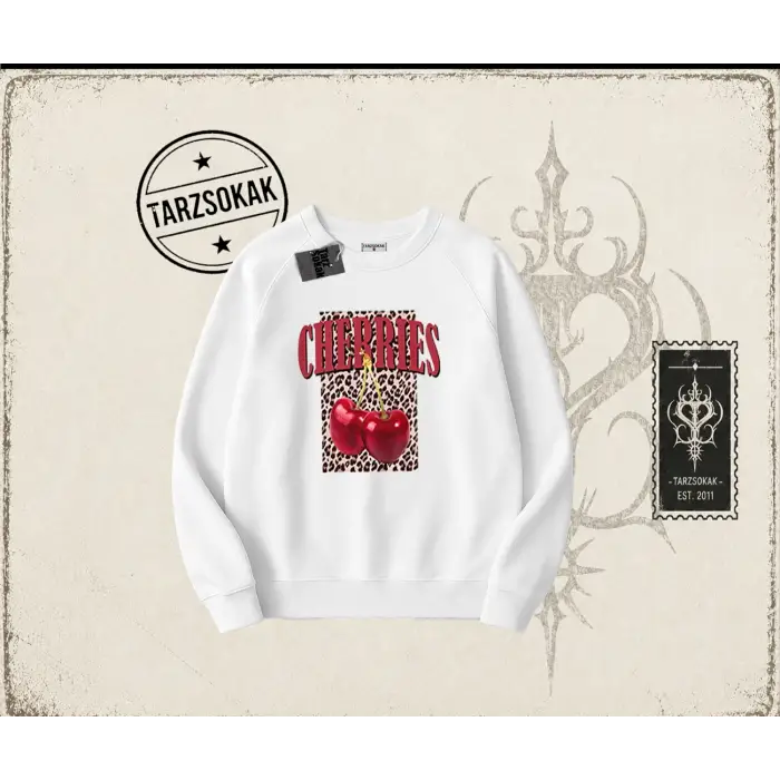 Kadın Cherries Leopar Oversize Unisex Bisiklet Yaka Sweatshirt Beyaz