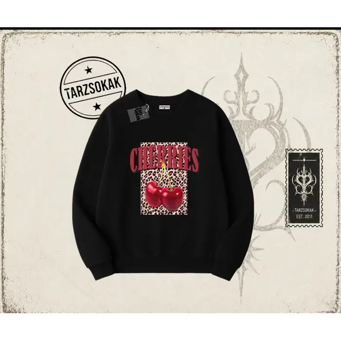 Kadın Cherries Leopar Oversize Unisex Bisiklet Yaka Sweatshirt Beyaz