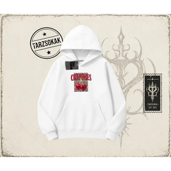 Kadın Cherries Leopar Oversize Unisex Kapşonlu Sweatshirt Beyaz