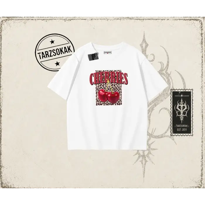 Kadın Cherries Leopar Oversize Unisex Tişört Beyaz