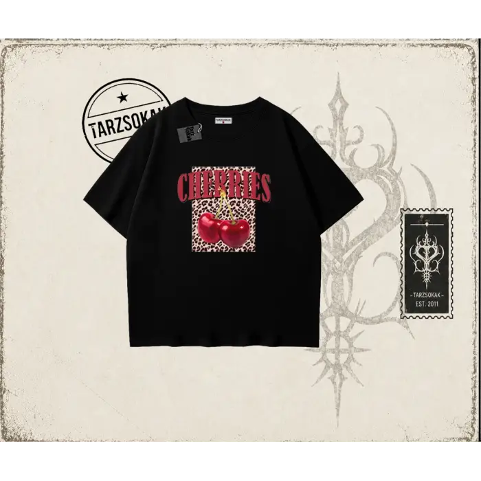 Kadın Cherries Leopar Oversize Unisex Tişört Beyaz