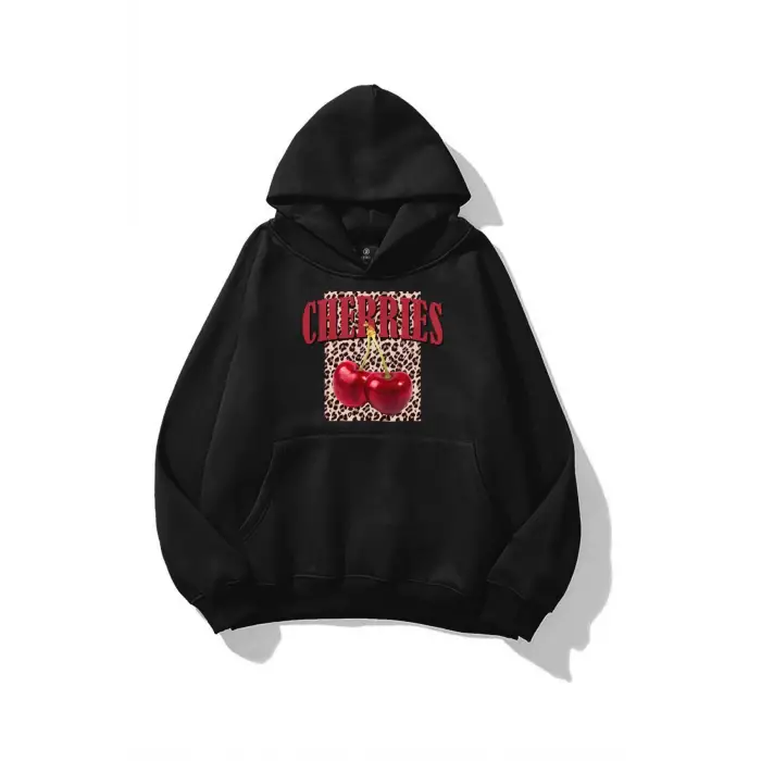 Kadın Cherries Leopar Sweatshirt Siyah