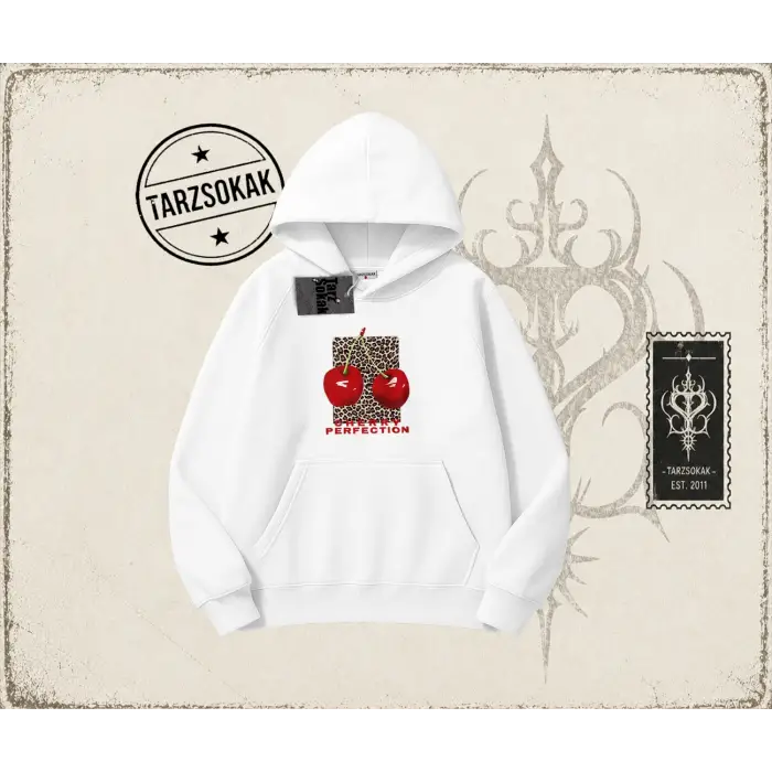Kadın Cherry Perfection Leopar Oversize Unisex Kapşonlu Sweatshirt Beyaz