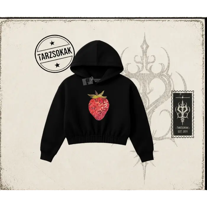 Kadın Çilek Disco Kadın Crop Kapşonlu Sweatshirt Beyaz