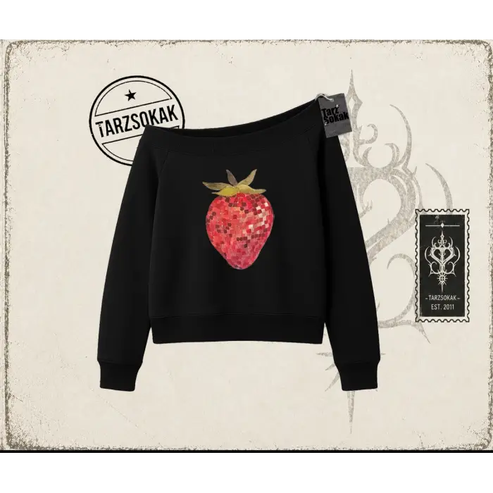 Kadın Çilek Disco Kadın Kayık Yaka Sweatshirt Beyaz