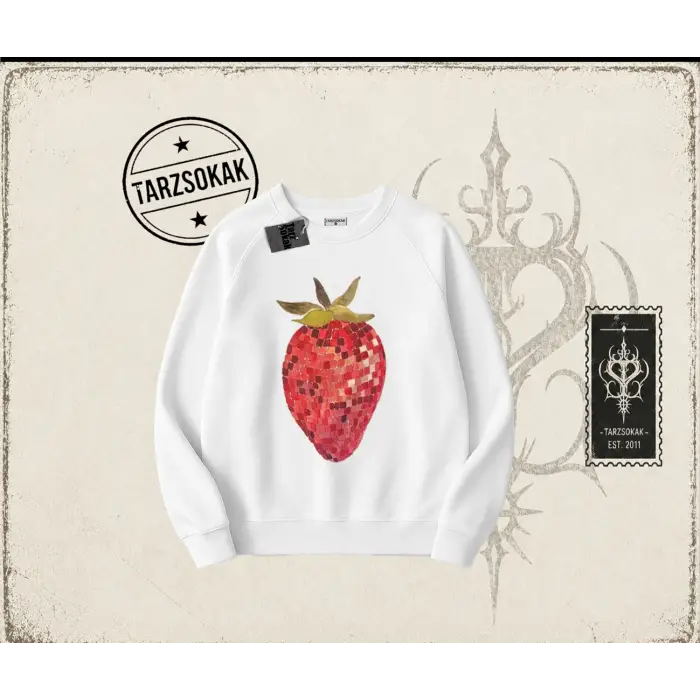 Kadın Çilek Disco Oversize Unisex Bisiklet Yaka Sweatshirt Beyaz