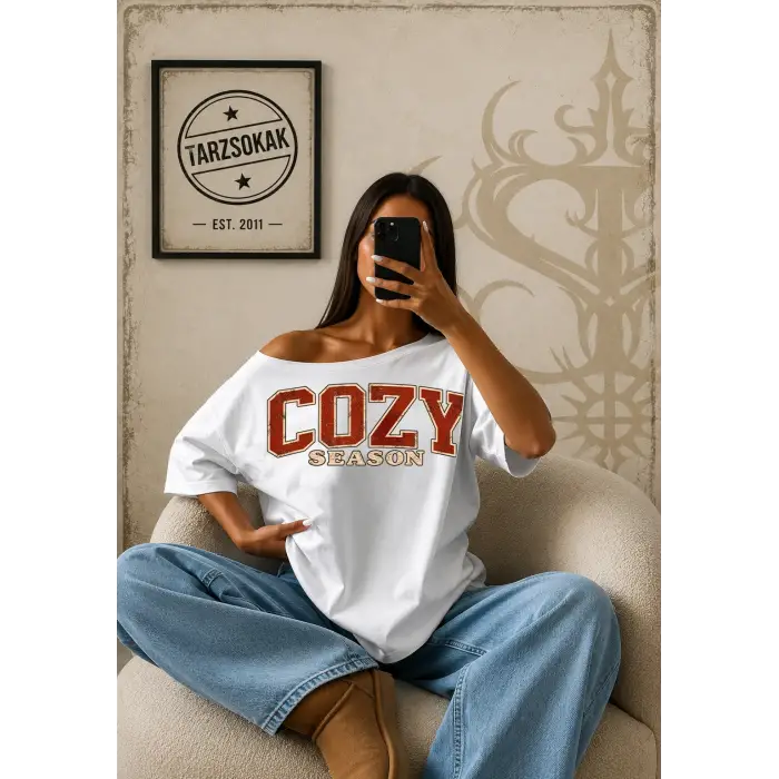Kadın Cozy Baskılı Kayık Yaka