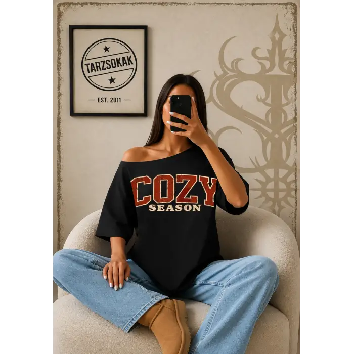 Kadın Cozy Baskılı Kayık Yaka