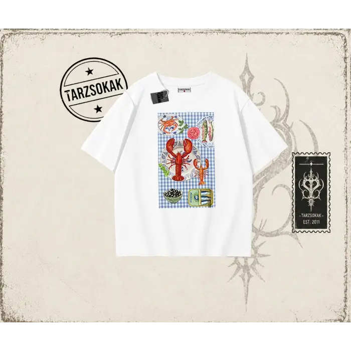 Kadın Crab Picnic Oversize Unisex Tişört Beyaz