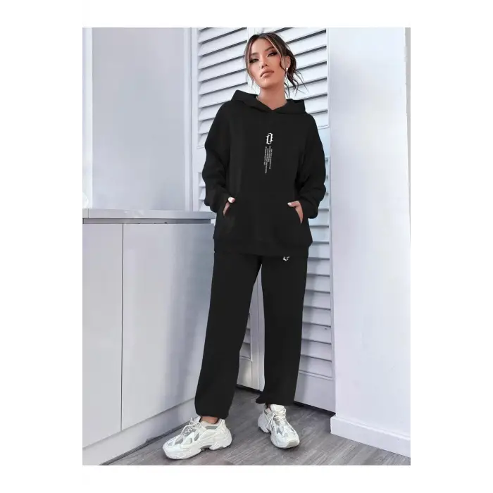Kadın Dikey Baskılı Sweatshirt Alt Üst Eşofman Takımı Dike-kad-bas