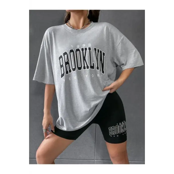 Kadın Gri Brooklyn Bisiklet Yaka Tshirt