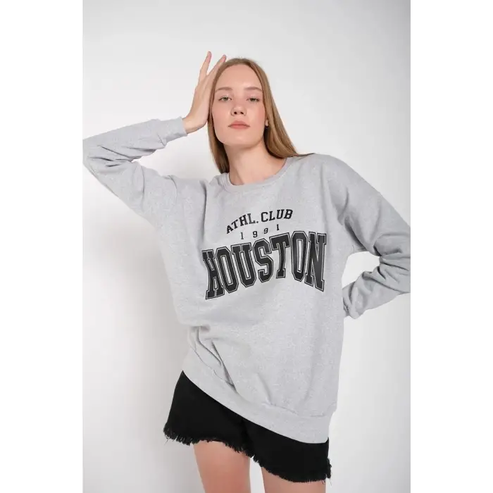 Kadın Gri Houston Baskılı Bisiklet Yaka Oversize Sweatshirt mdgnhouston