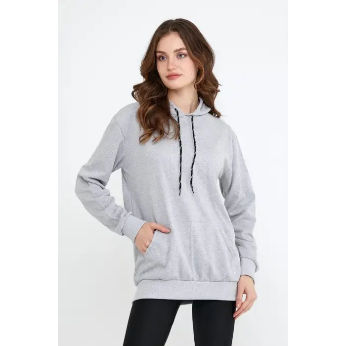 Kadın Gri Kapüşonlu Kangru Cep Sweatshirt