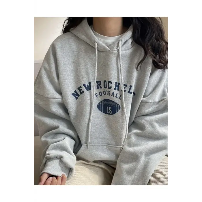 Kadın Gri New Rochelle Baskılı Kapüşonlu Oversize Sweatshirt