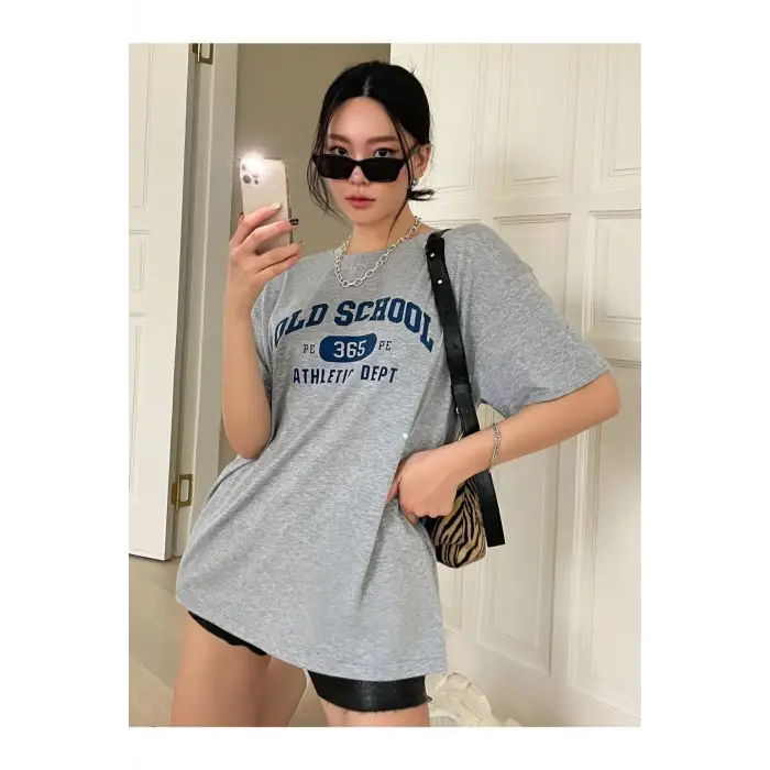 Kadın Gri School Baskılı Bisiklet Yaka Tshirt