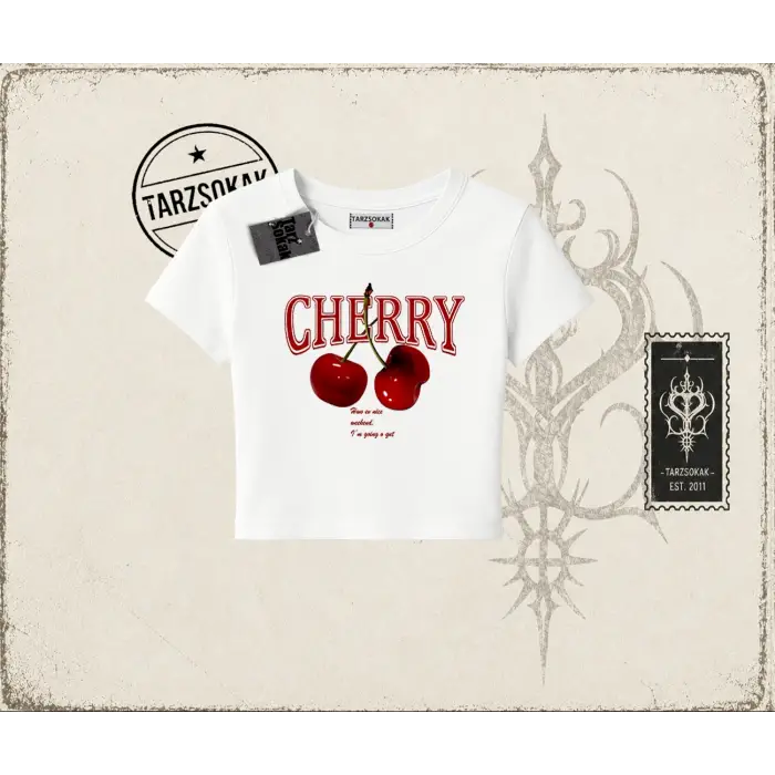 Kadın Have a Nice Weekend Cherry Kadın Baby Tee Beyaz