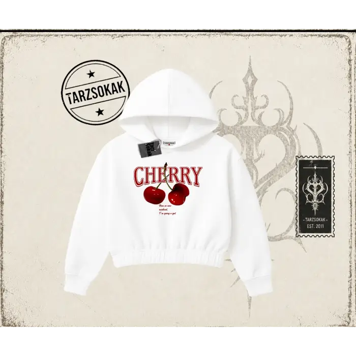 Kadın Have a Nice Weekend Cherry Kadın Crop Kapşonlu Sweatshirt Beyaz
