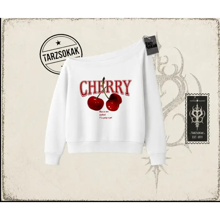 Kadın Have a Nice Weekend Cherry Kadın Kayık Yaka Sweatshirt Beyaz