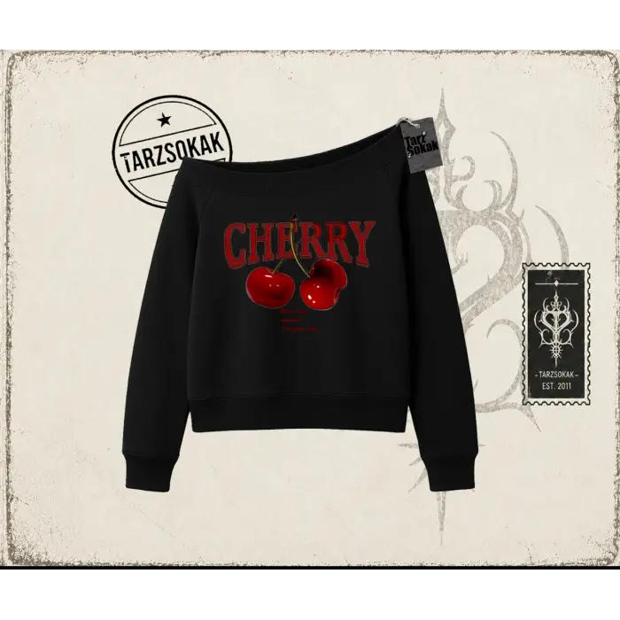Kadın Have a Nice Weekend Cherry Kadın Kayık Yaka Sweatshirt Beyaz