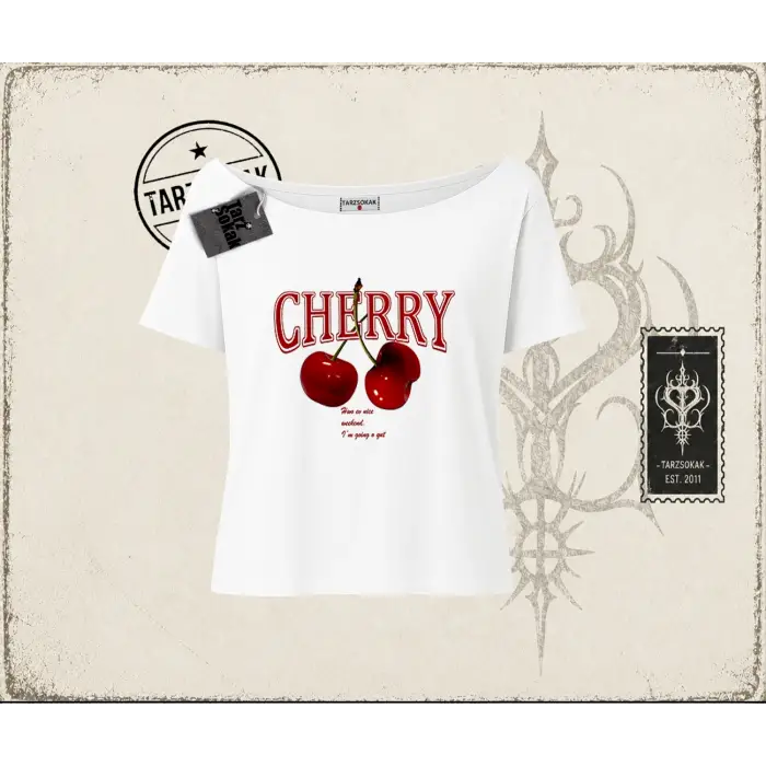 Kadın Have a Nice Weekend Cherry Kadın Kayık Yaka Tişört Beyaz