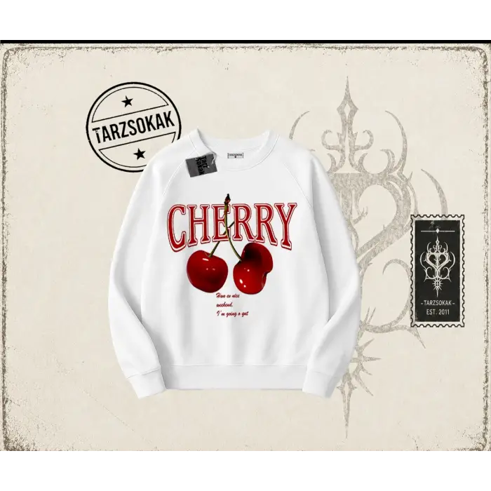 Kadın Have a Nice Weekend Cherry Oversize Unisex Bisiklet Yaka Sweatshirt Beyaz