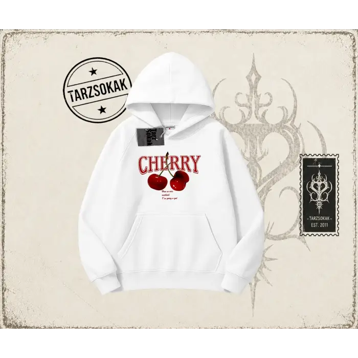 Kadın Have a Nice Weekend Cherry Oversize Unisex Kapşonlu Sweatshirt Beyaz