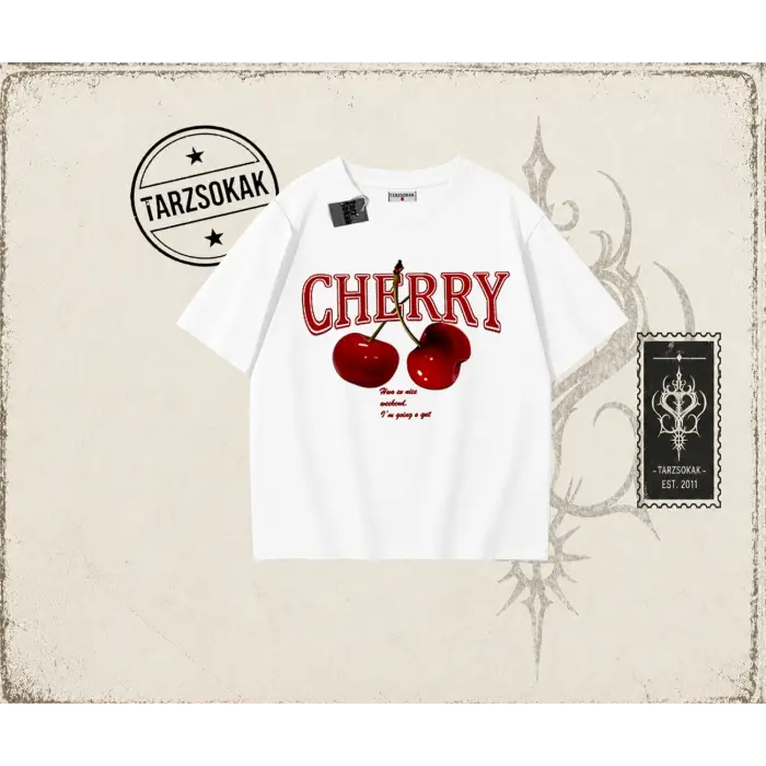 Kadın Have a Nice Weekend Cherry Oversize Unisex Tişört Beyaz