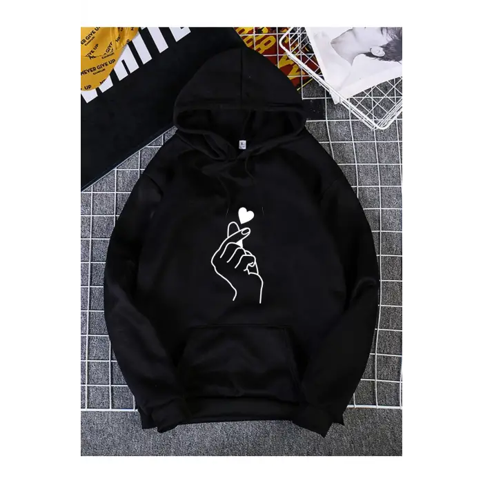 Kadın Heart Baskılı Kapüşonlu Sweatshirt Siyah