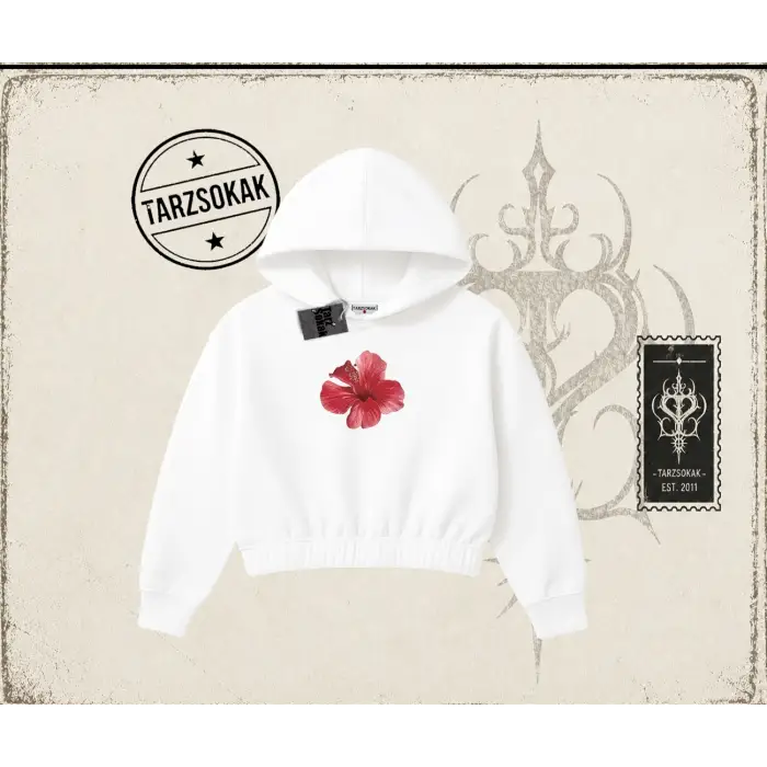 Kadın Hibiscus Kadın Crop Kapşonlu Sweatshirt Beyaz
