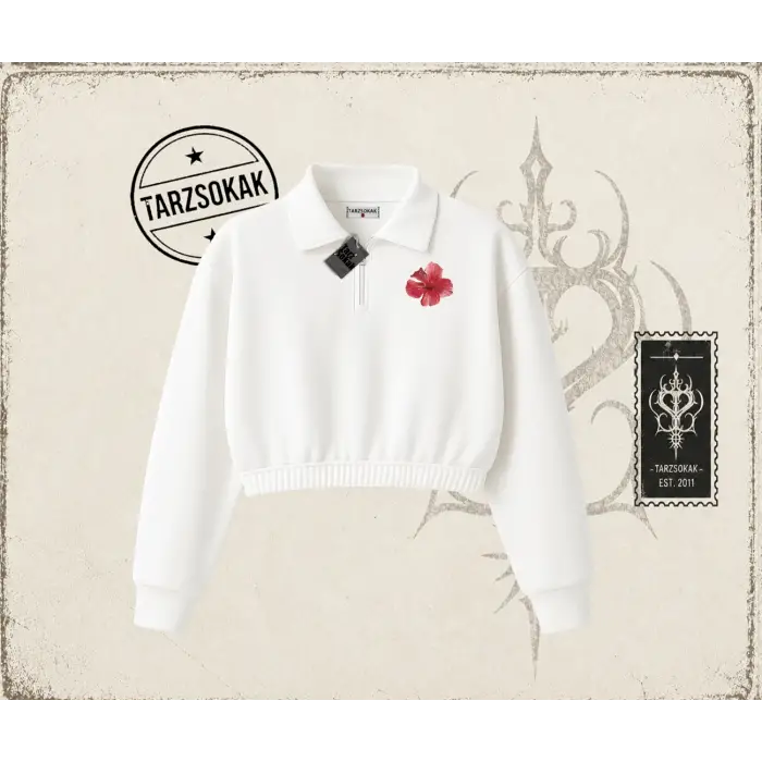 Kadın Hibiscus Kadın Crop Polo Yaka Yarım Fermuarlı Sweatshirt Beyaz