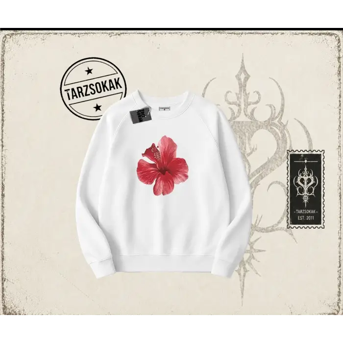 Kadın Hibiscus Oversize Unisex Bisiklet Yaka Sweatshirt Beyaz