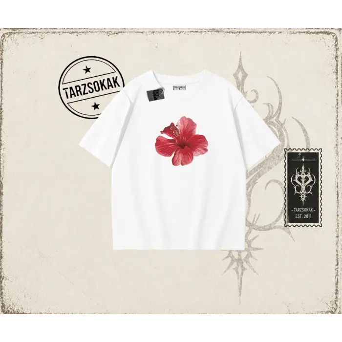 Kadın Hibiscus Oversize Unisex Tişört Beyaz