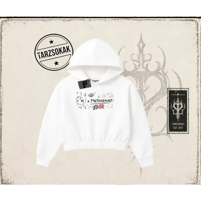 Kadın Im a Mastermind Kadın Crop Kapşonlu Sweatshirt Beyaz