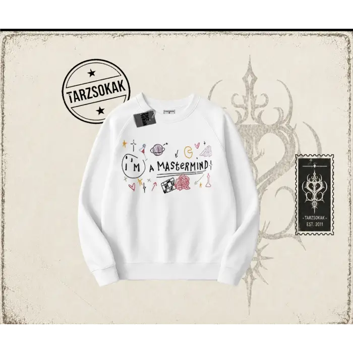 Kadın Im a Mastermind Oversize Unisex Bisiklet Yaka Sweatshirt Beyaz