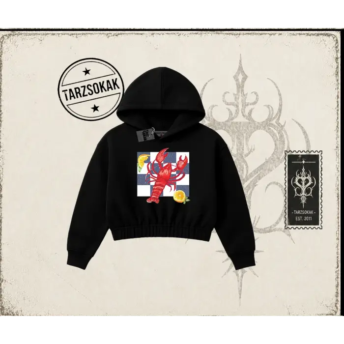 Kadın Istakoz Ekose Kadın Crop Kapşonlu Sweatshirt Beyaz