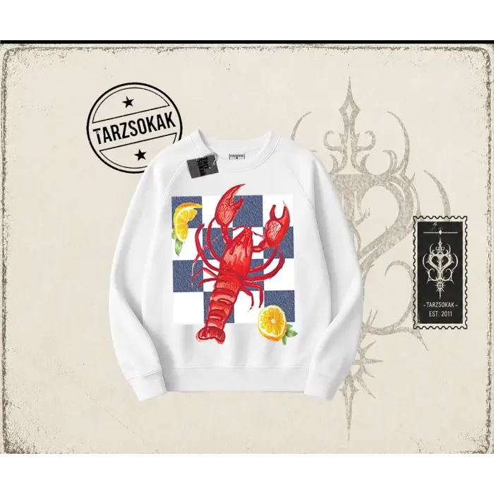 Kadın Istakoz Ekose Oversize Unisex Bisiklet Yaka Sweatshirt Beyaz