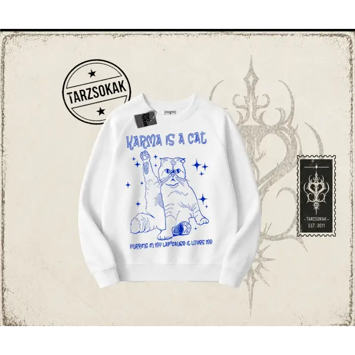 Kadın Karma is a Cat Oversize Unisex Bisiklet Yaka Sweatshirt Beyaz