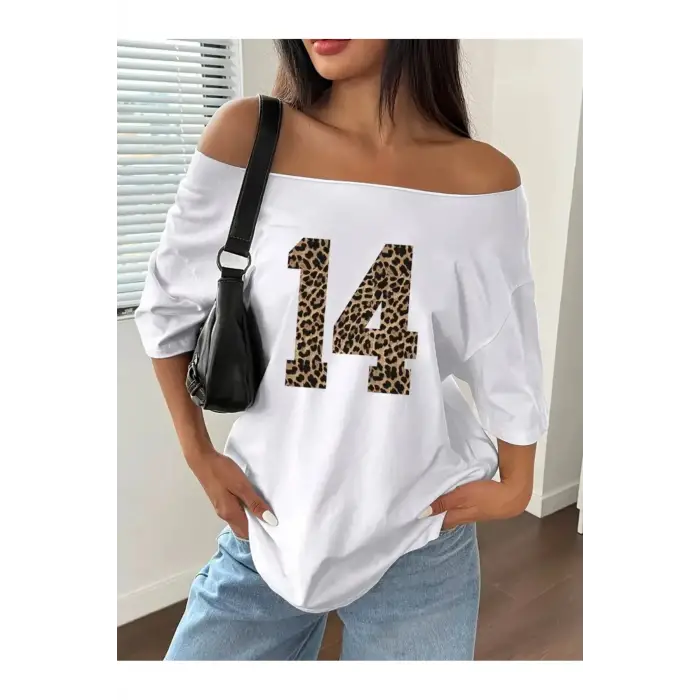 Kadın Kayık Yaka 14 Baskılı Oversize %100 Pamuk